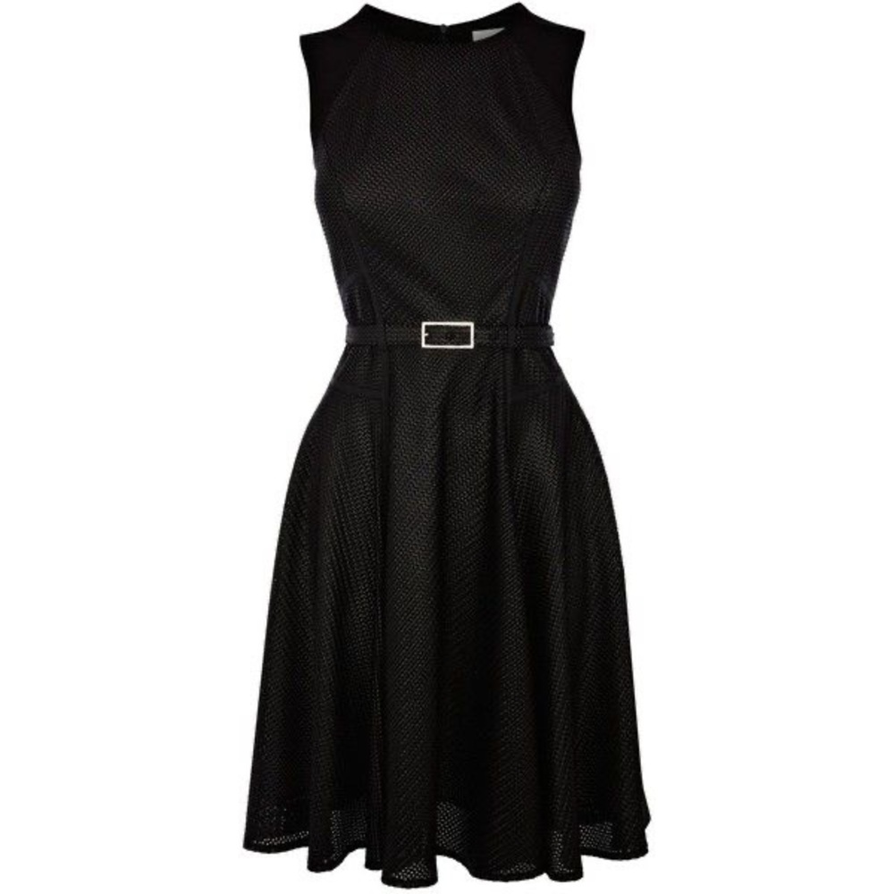 Karen Millen black mesh fit flare belted dress